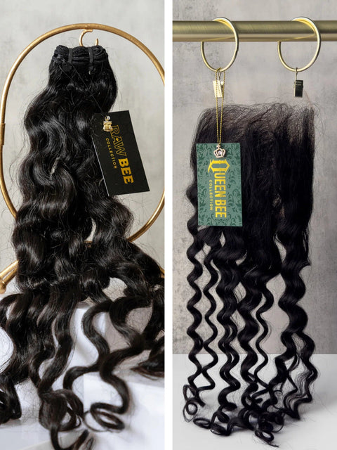Raw Indian Curly Bundles 18/18" with 18" 5x5 HD Closure set
