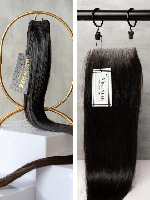 Raw Indian Straight Bundles 14/14" with 14" 5x5 HD Closure set